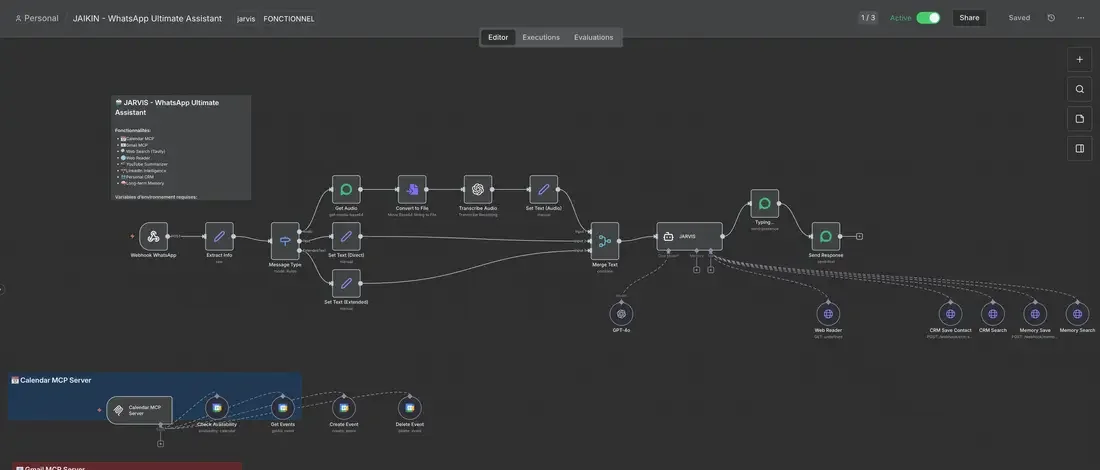 Automation workflow in production: JAIKIN's JARVIS WhatsApp AI agent, with its calendar and e-mail tools and its memory
