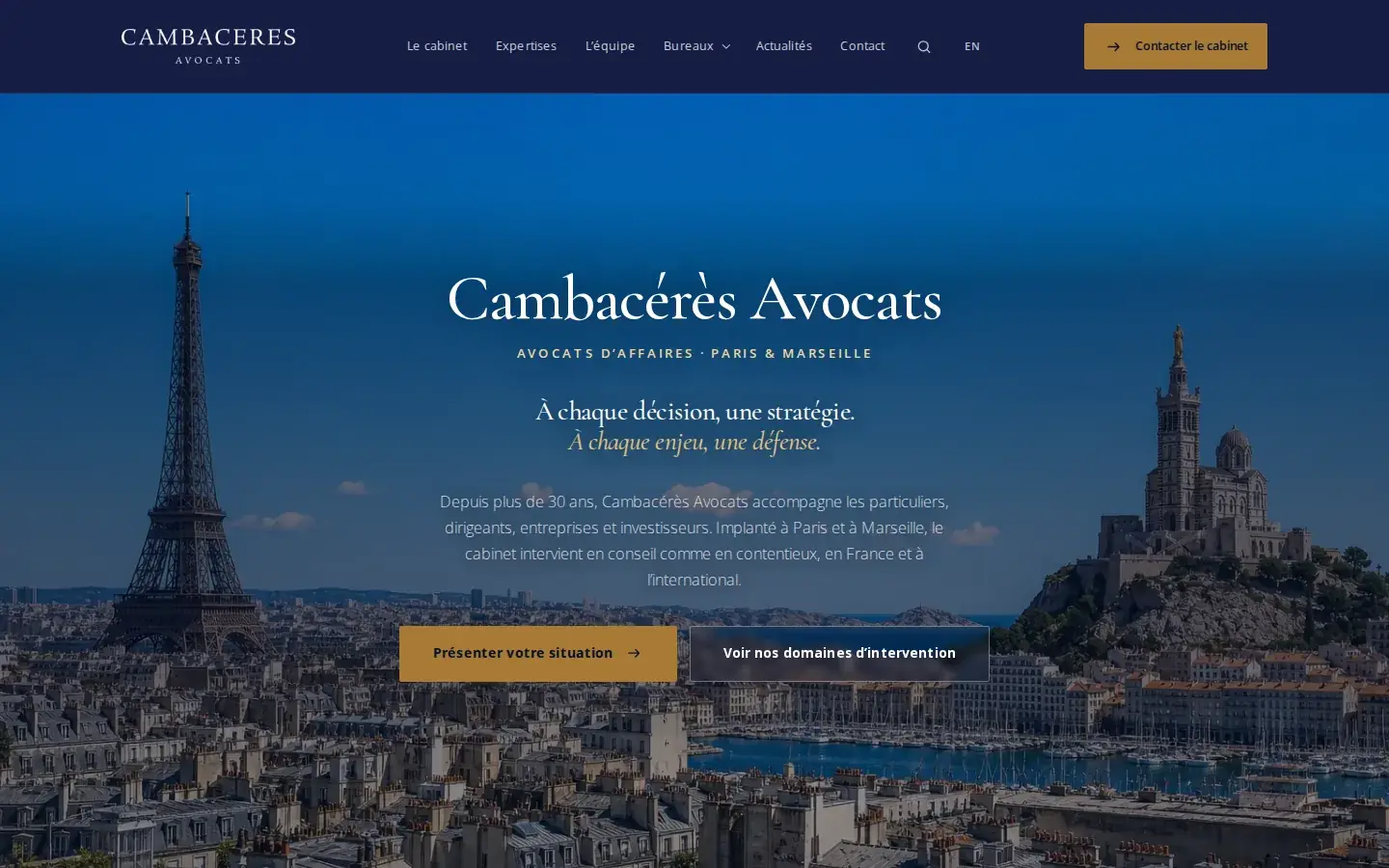Page d'accueil du site de Cambacérès Avocats, cabinet d'affaires à Paris et Marseille