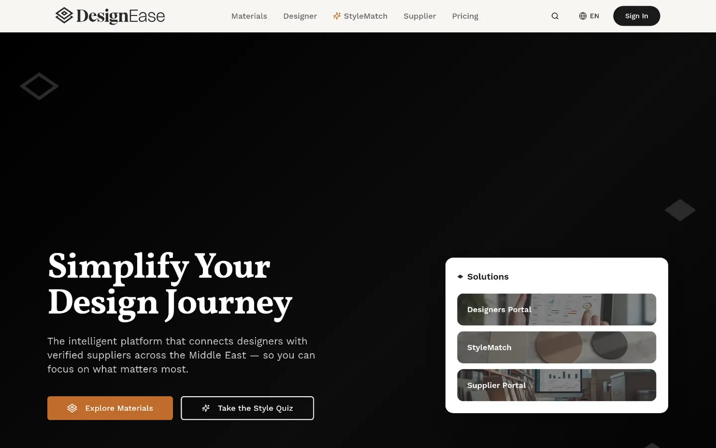 Page d'accueil de Designease, plateforme qui relie designers et fournisseurs