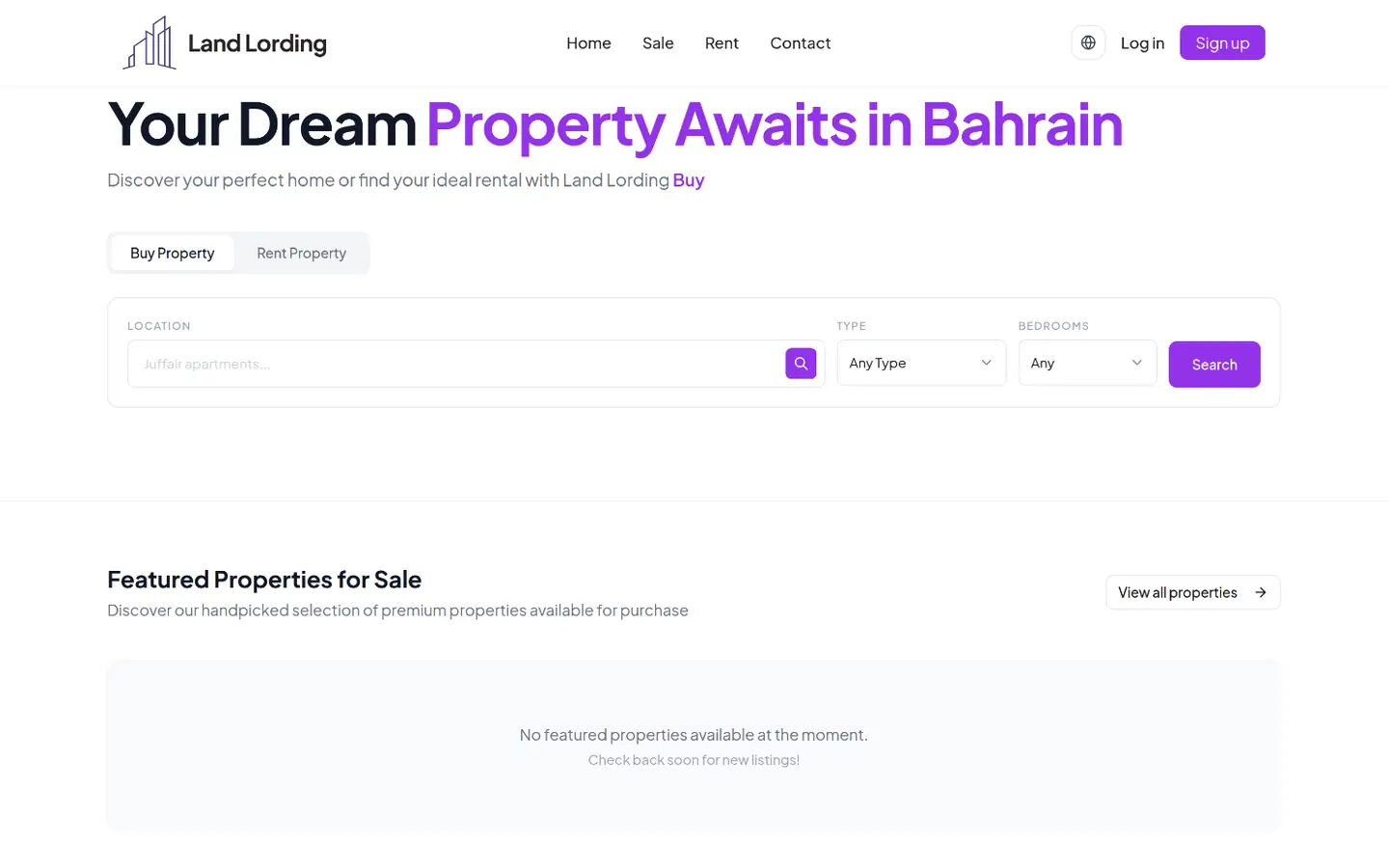 Page d'accueil de Land Lording : recherche de biens immobiliers à Bahreïn