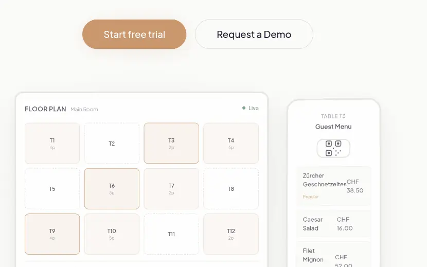 Interface d'Omniverso : plan de salle et carte consultée par QR code