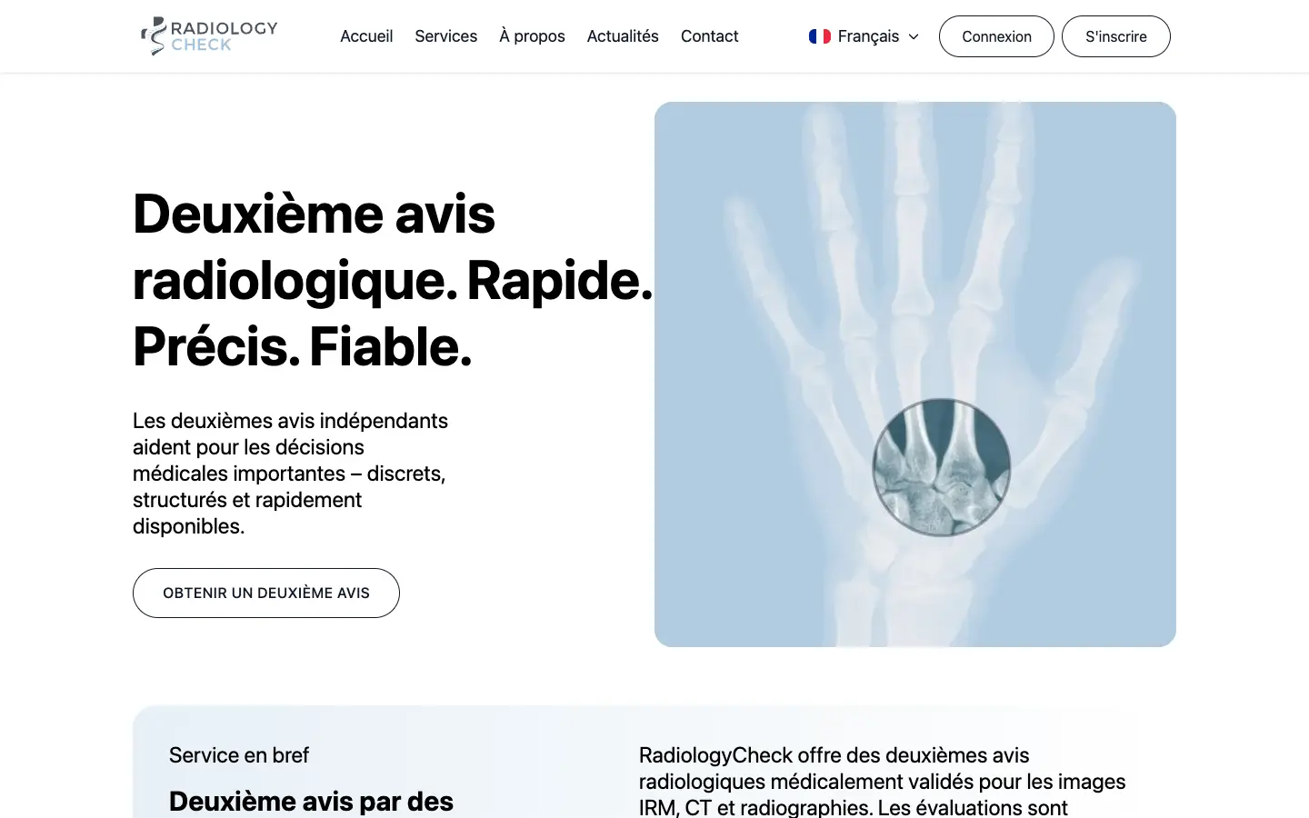 Page d'accueil française de Radiology Check : deuxième avis radiologique en ligne