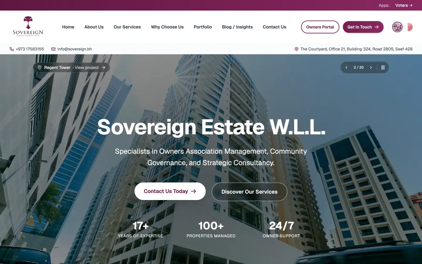 Page d'accueil de Sovereign Estate, gestionnaire de copropriétés à Bahreïn