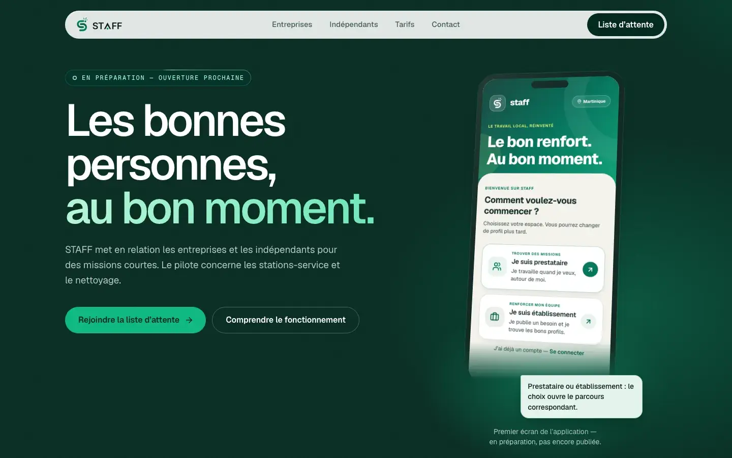 Page d'accueil de STAFF : mise en relation d'entreprises et d'indépendants