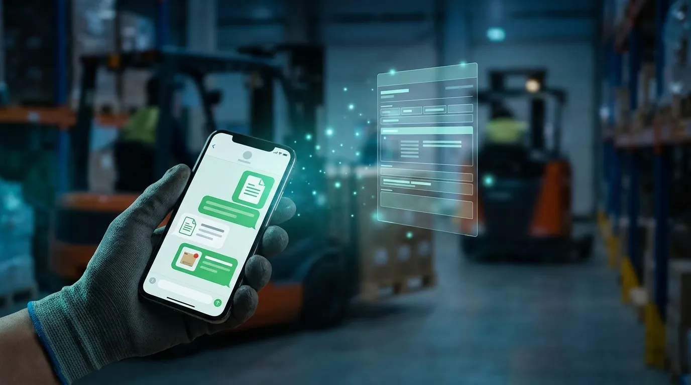 Schéma d'un agent IA WhatsApp pour entreprise transformant un message client en bon de commande structuré dans le système d'information