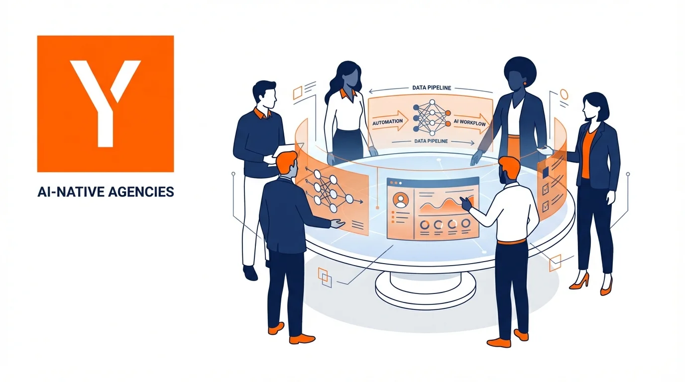AI-Native Agency: conceptual illustration showing AI integration into agency workflows, with holographic interfaces and neural network visualizations