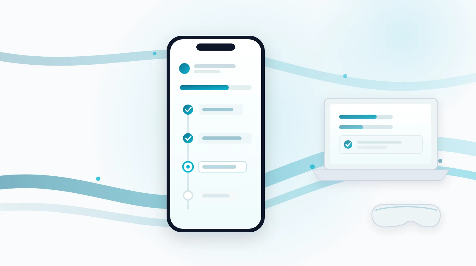 iPhone stylisé affichant une chronologie d'avancement de projet, entouré de flux de données bleu-teal, avec un badge App Store
