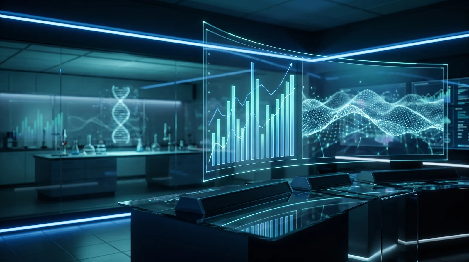 Salle de contrôle IA futuriste avec graphiques de benchmarks holographiques bleu-teal et hélice ADN en arrière-plan, symbolisant Claude Sonnet 5 et Claude Science