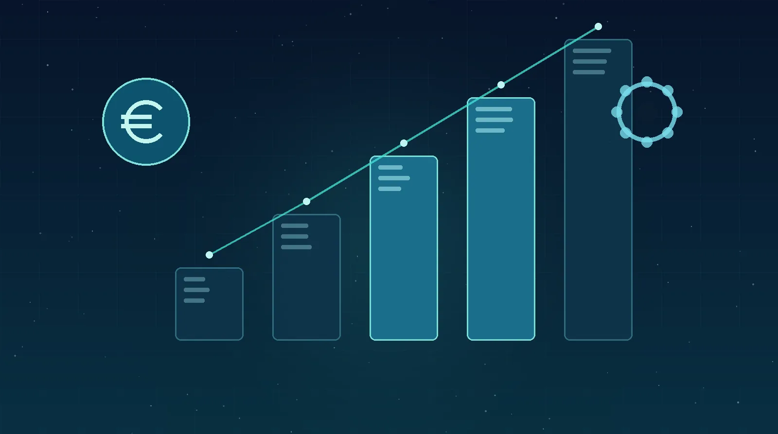 Barres de prix croissantes bleu-teal avec symbole euro et engrenages, symbolisant la grille des coûts d'un projet d'intelligence artificielle en PME