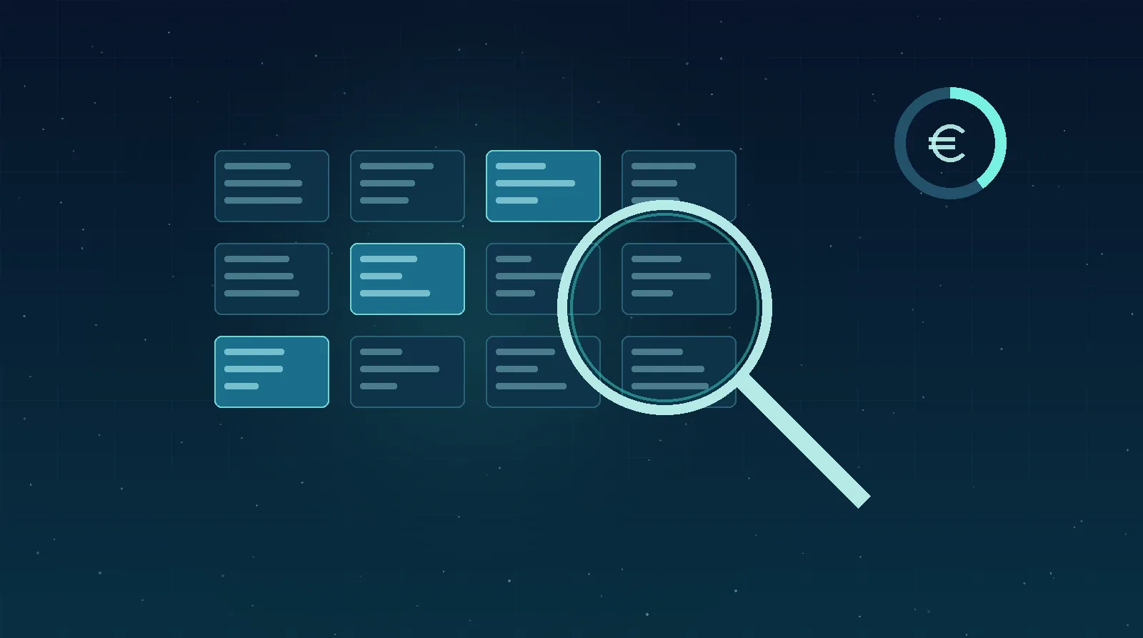Loupe lumineuse bleu-teal analysant un tableau de données avec un badge de subvention, symbolisant le diagnostic Data IA subventionné de Bpifrance