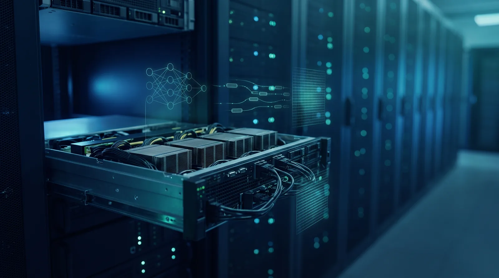 Serveur 8× GPU NVIDIA L40S dans un datacenter européen, ambiance bleu-teal — héberger GLM-5.2 en cloud souverain