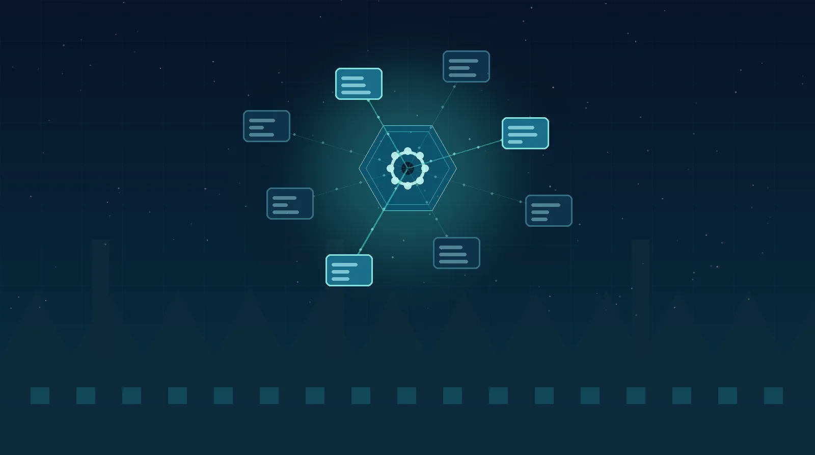 Atelier industriel stylisé bleu-teal avec huit blocs comparés reliés à un système central, symbolisant le comparatif des ERP pour PME industrielle