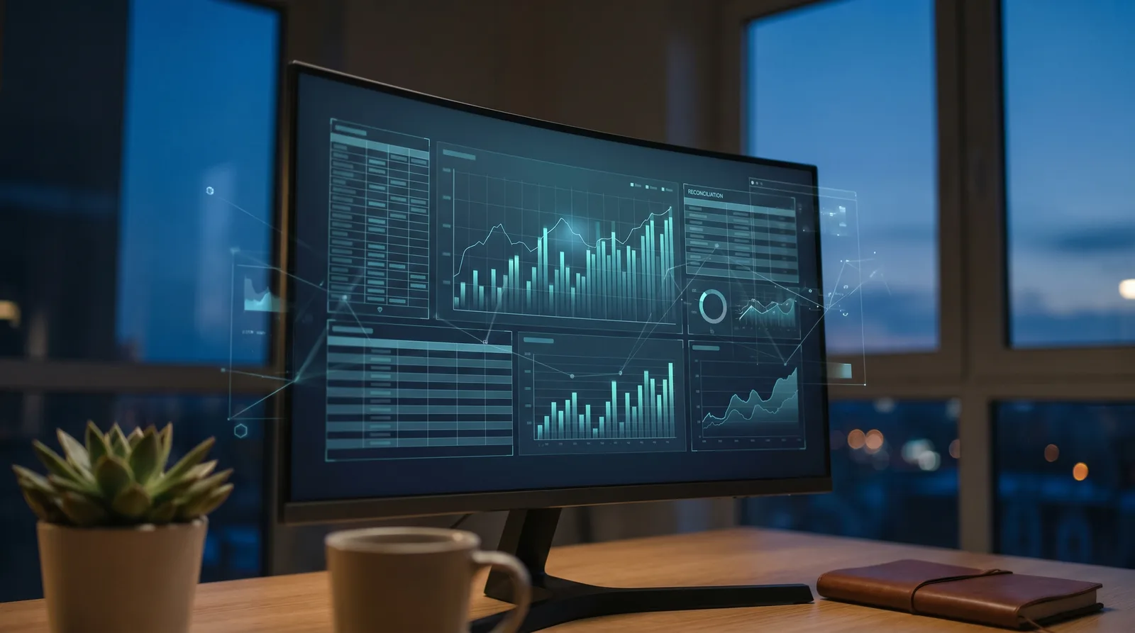 Tableau de bord de comptabilité Odoo affiché sur un écran dans un bureau de PME, ambiance bleu-teal sombre