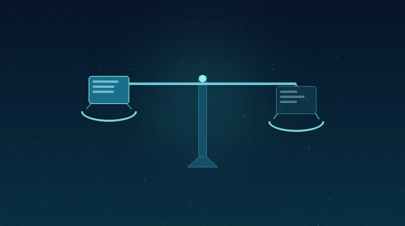 Deux blocs logiciels stylisés bleu-teal sur une balance, symbolisant le comparatif entre les ERP open source Odoo et Dolibarr