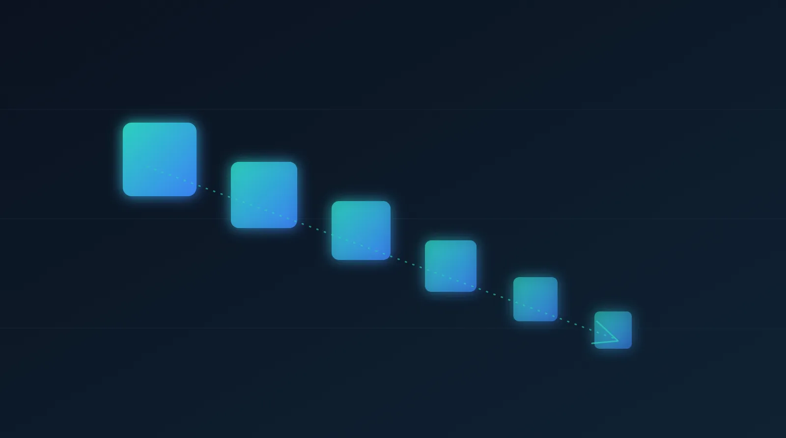 Escalier descendant de cubes de verre lumineux bleu-teal formant une courbe de prix en baisse sur fond sombre, symbolisant Opus 5 comme une baisse de prix plutôt qu'une prouesse