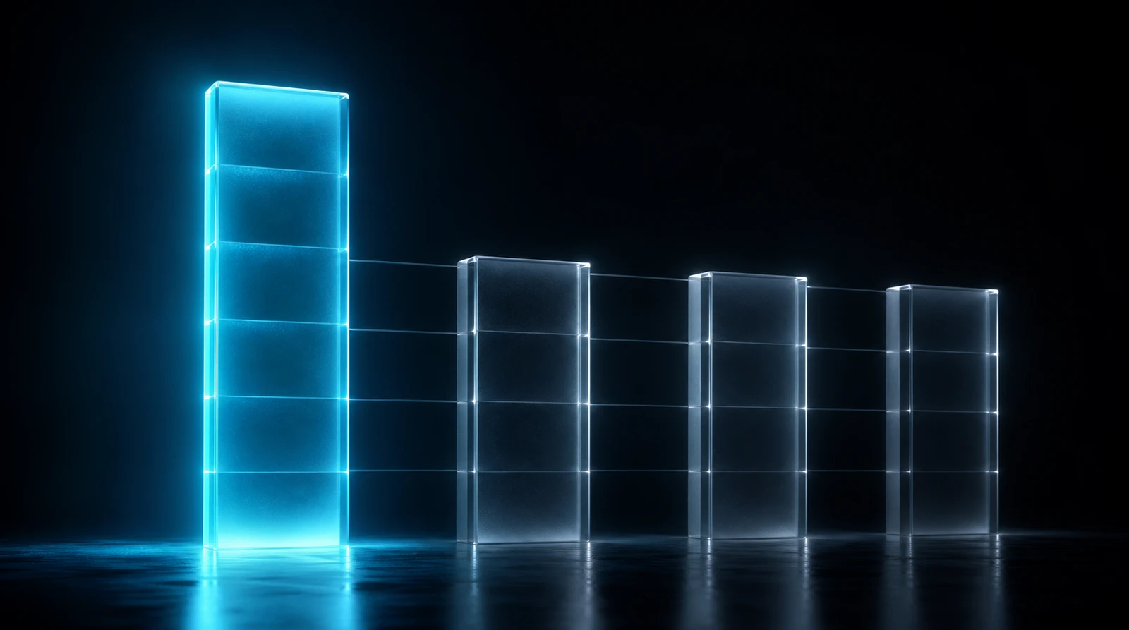 Tableau de benchmarks en verre lumineux bleu-teal sur fond sombre, une colonne se détachant nettement des trois autres, symbolisant les résultats officiels de Claude Opus 5