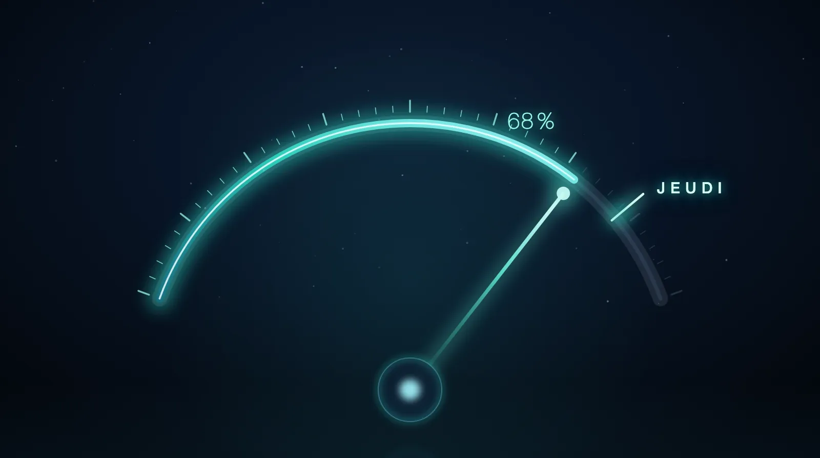 Cadran de verre lumineux bleu-teal gradué comme une cote de marché, l'aiguille arrêtée juste avant un repère marqué jeudi, sur fond sombre, symbolisant les 68 % de Polymarket sur la sortie d'Opus 5