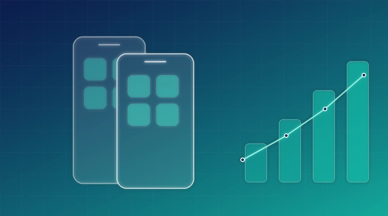 Deux smartphones stylisés et un graphique de coûts croissants illustrant la grille de prix d'une application mobile sur mesure