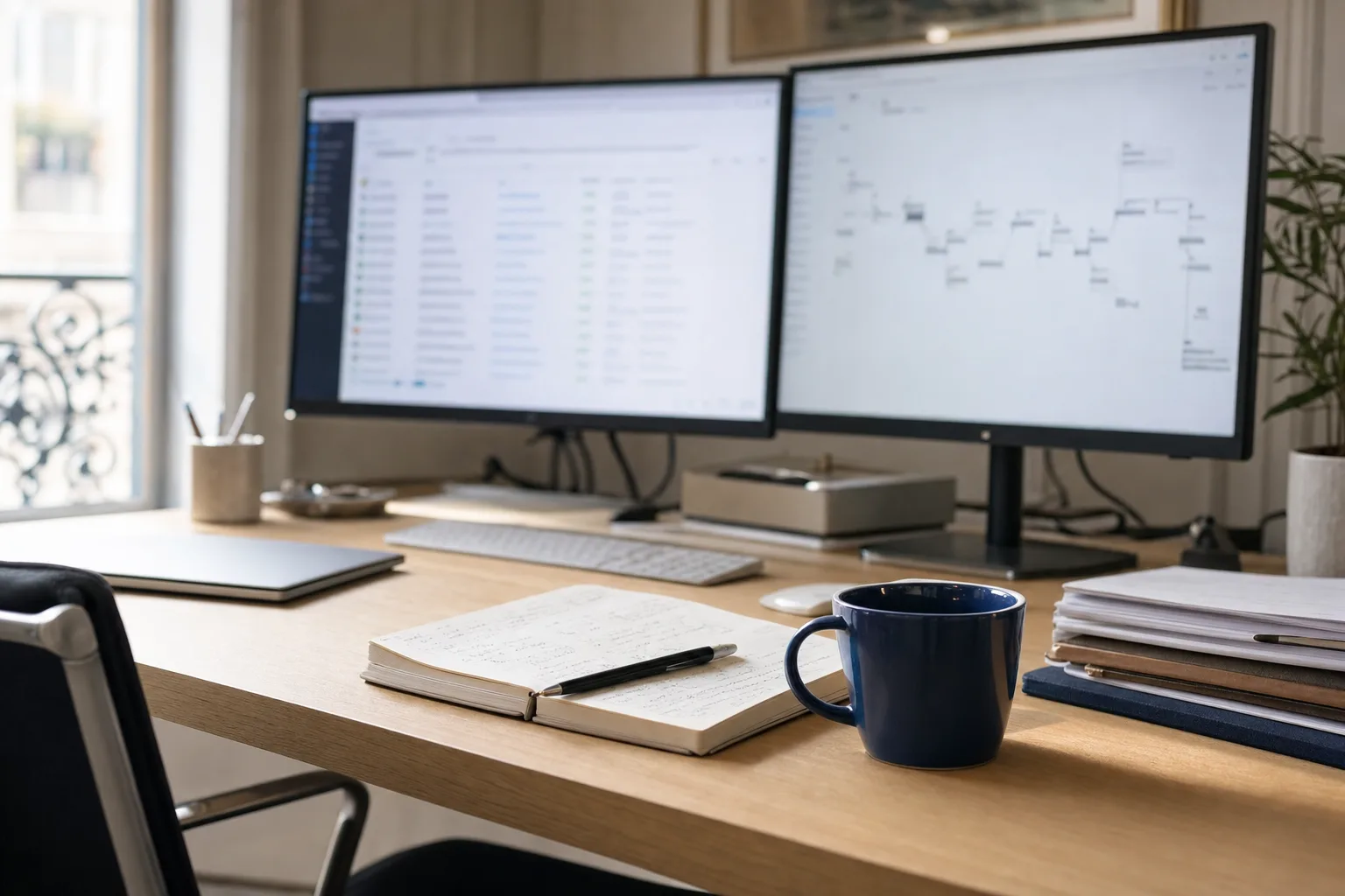 Arbeitsplatz mit zwei Bildschirmen: Back-Office links, automatisiertes Workflow-Diagramm rechts
