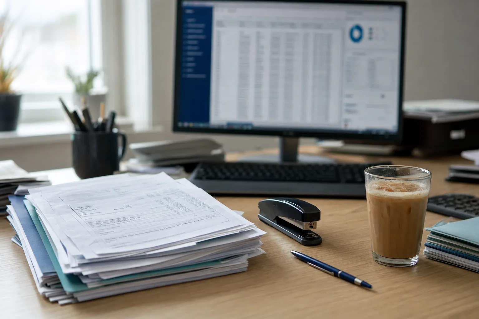 Odoo-ERP-Oberfläche an einem Back-Office-Arbeitsplatz, neben einem Stapel Papierrechnungen