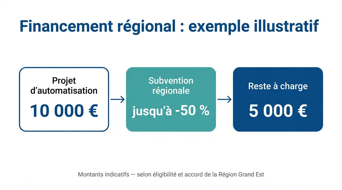 Infographie : projet d'automatisation de 10 000 €, subvention régionale jusqu'à -50 %, reste à charge de 5 000 €